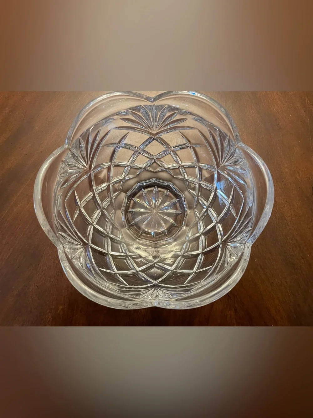 Vintage Clear Cut-Glass Serving Bowl with Scalloped Edge Design